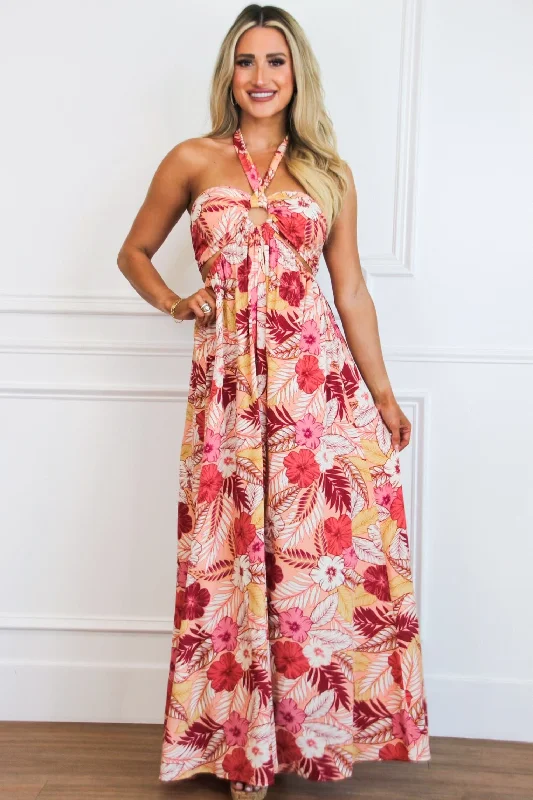 Huge Savings – Act Now!On Vacay Time Halter Cutout Floral Maxi Dress: Peach/Red Multi