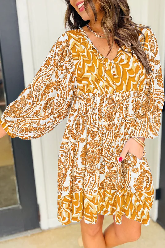 Limited Stock Available!Boho Abstract Puff Sleeve Mini Dress