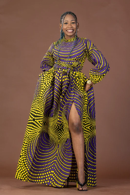 Seasonal Sale – Shop Now!Remy Ankara Maxi Dress | Yellow and Purple African Print