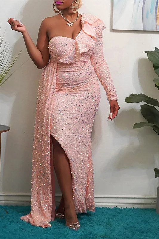 The Best Sale of the Year!Sequined Luxe Side Train Asymmetric Maxi Dress