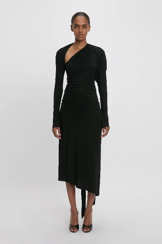 Your Favorite Items on Sale Now!Slash-Neck Ruched Midi Dress In Black