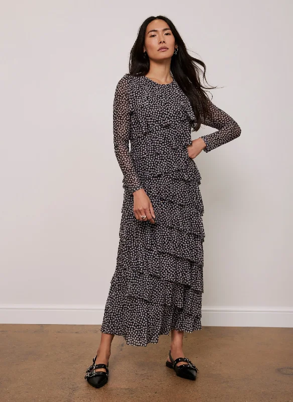 Flash Deals – Act Quickly!Black Spot Print Ruffle Midi Dress