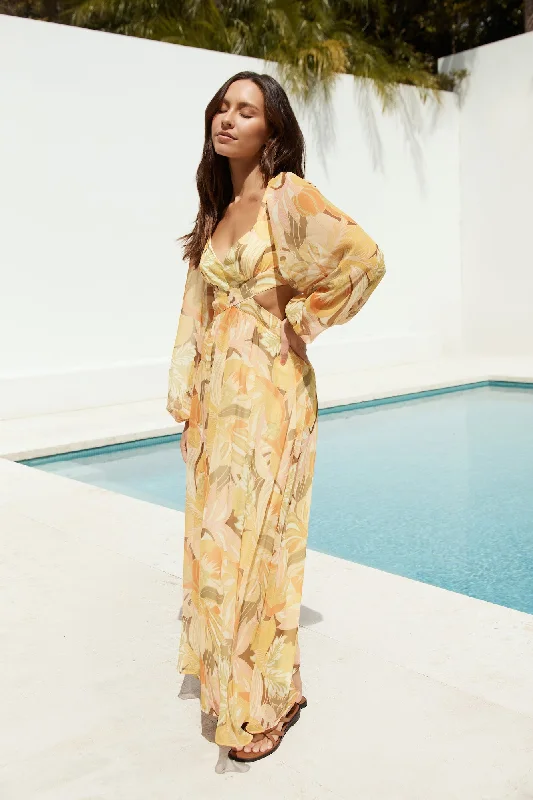 Grab Yours Before It’s Too Late!Starlight Blooms Long Sleeve Maxi Dress Yellow