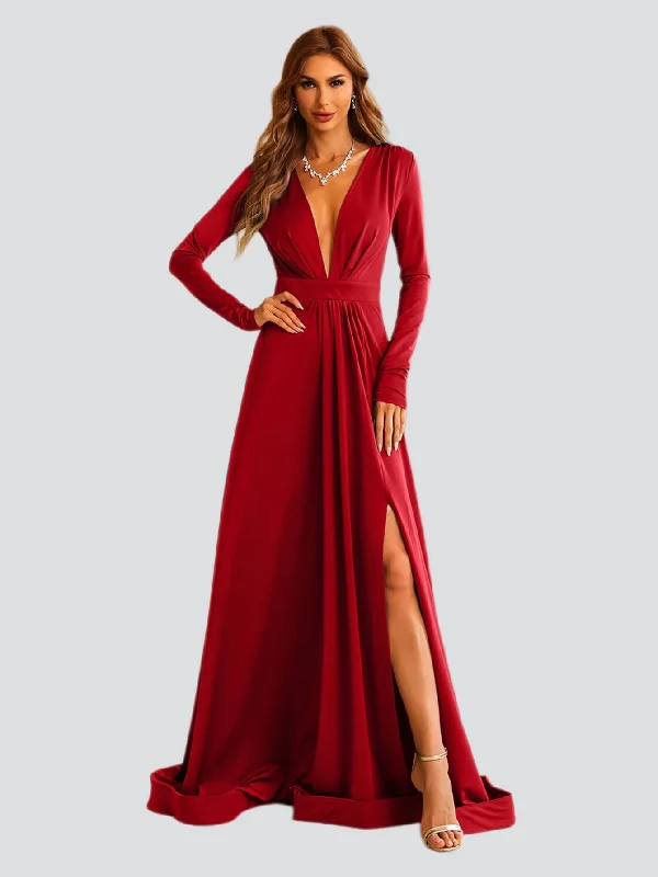 Hurry! While Supplies Last!V-neck Long Sleeve Split Maxi Dress XH1221