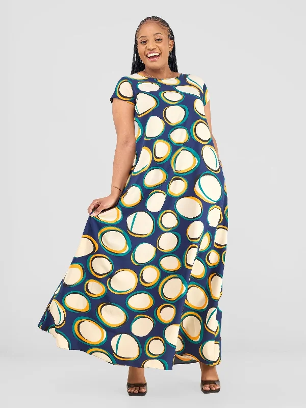 Save Like Never Before!Basic Cap Sleeve Maxi Tent Dress - Navy Polka Print