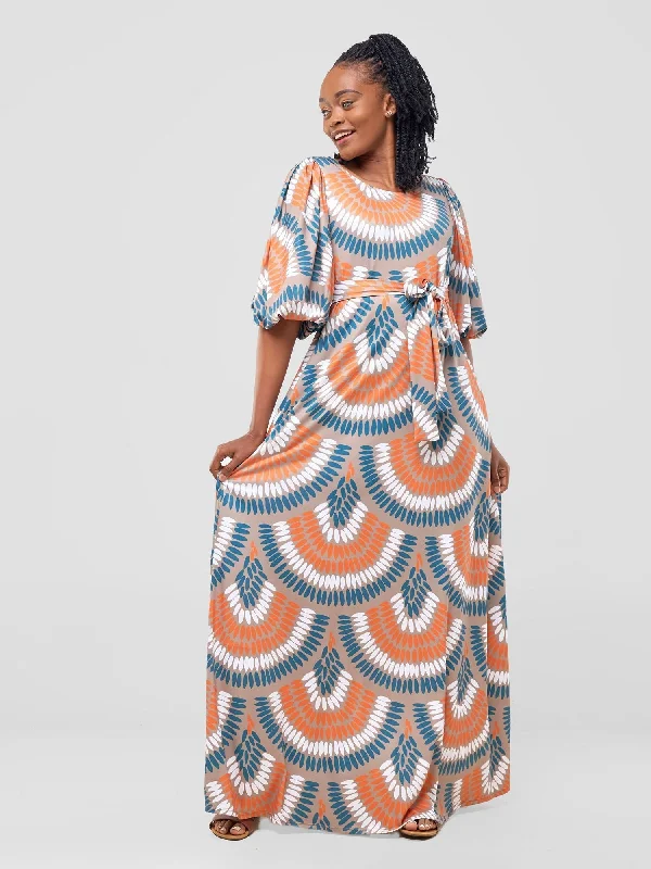 Huge Savings – Act Now!Nkasi Bubble Sleeve Maxi Dress - Taupe / Orange Nkasi Print