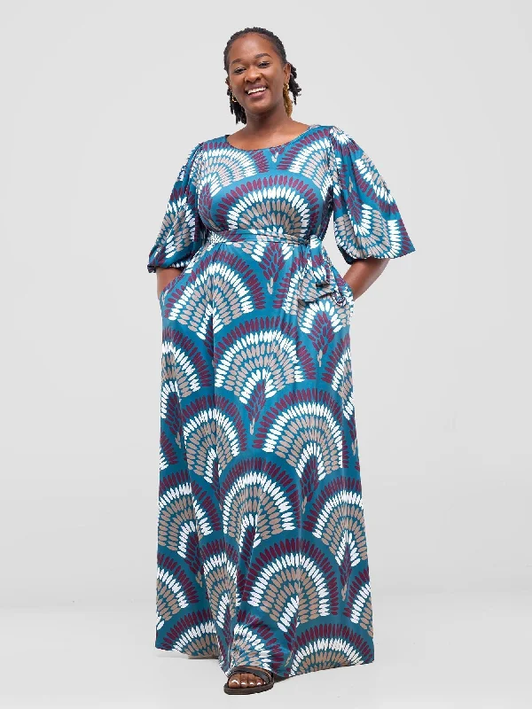 Limited-Time Price Drop!Nkasi Bubble Sleeve Maxi Dress - Teal / Burgundy Kasi Print