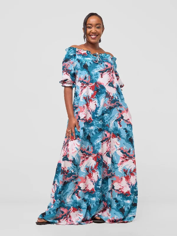 Hurry! While Supplies Last!Situ Off-shoulder Tie Maxi Dress - Lilac / Teal Print