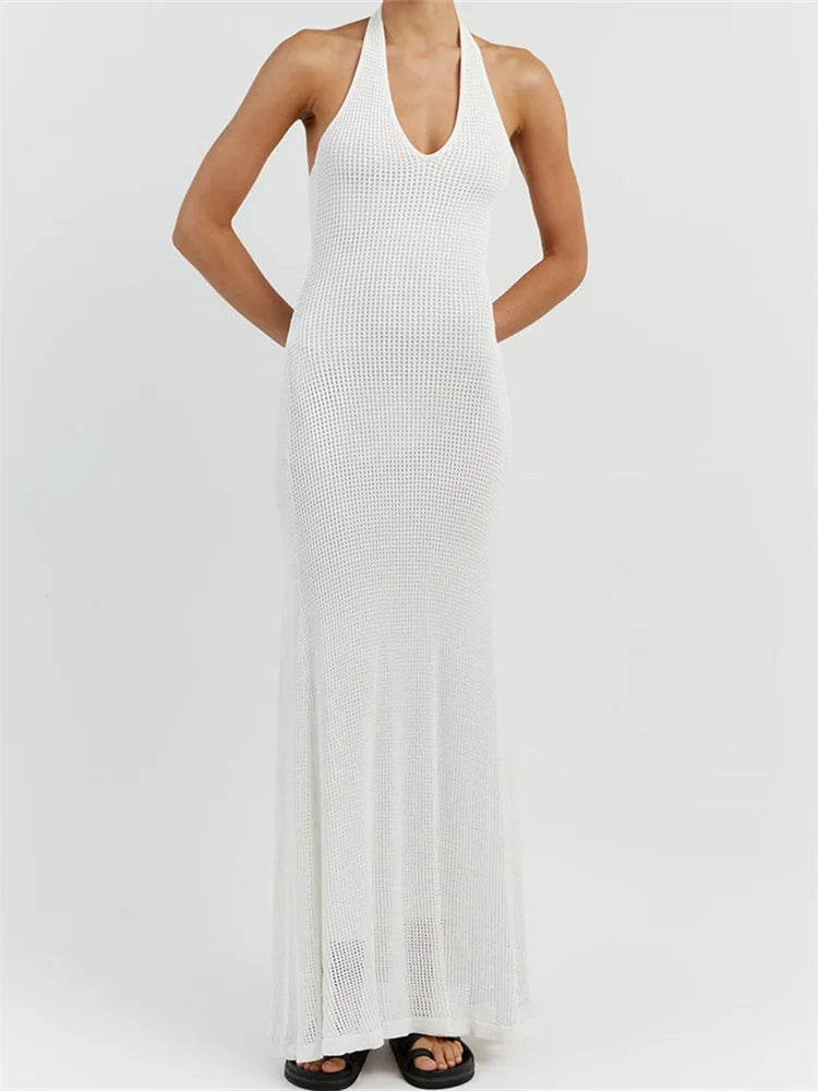 Huge Savings – Act Now!Amy Fashion - Women Bodycon  Solid Deep V Neck Halter Sleeveless Backless Knitted Summer Holiday Beach Vestido