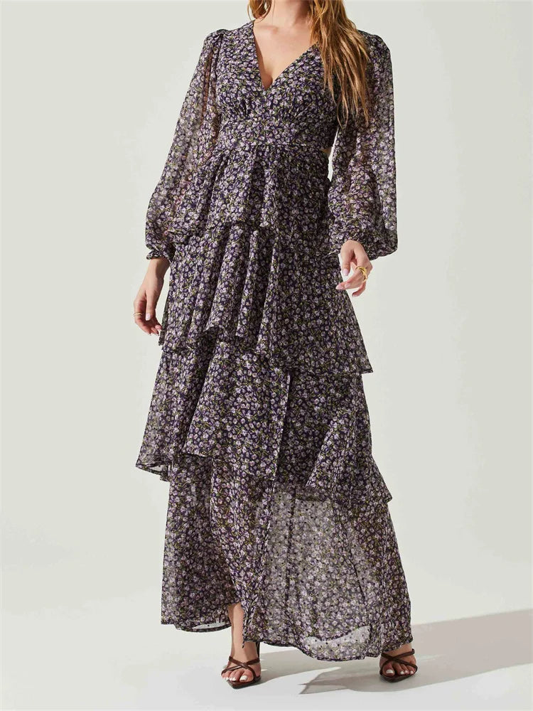 The Best Offers Are Here!Amy Fashion - Women High Split Floral Print   Puff Sleeve V Neck Layered Ruffles Hem Spring Fall Vestidos