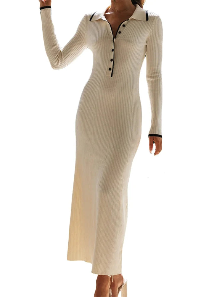 Great Deals, Just for You!Amy Fashion - Women Knitted  Sleeve Turn-down Neck Buttons Up Ribbed  Party Slim Fit Fall Female Vestidos