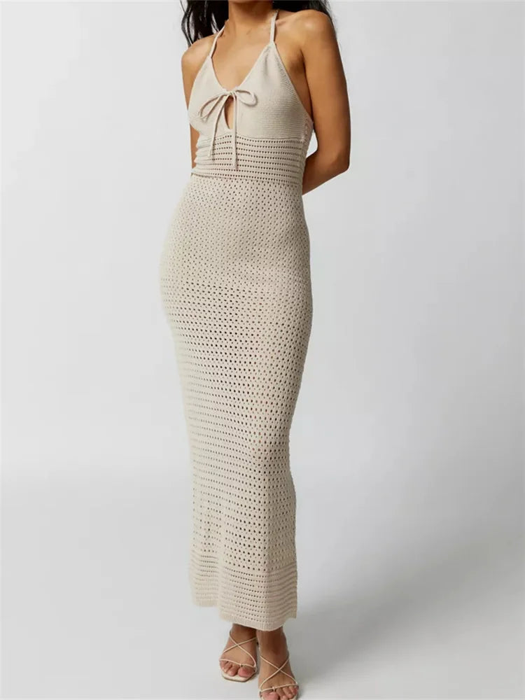 Stock Up and Save!Amy Fashion - Women Knitted  Sleeveless Halter Tie-up Backless Hollow Out Summer Off Shoulder Beach Female Vestidos
