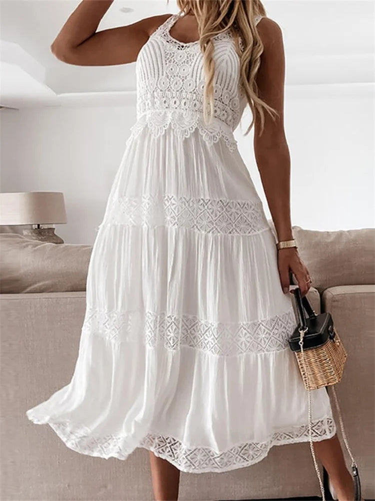 Shop More, Spend Less!Amy Fashion - Women Summer Off Shoulder  Tank Fairy Lace Sleeveless Backless Solid Ruched Flowy Beach Female Vestido