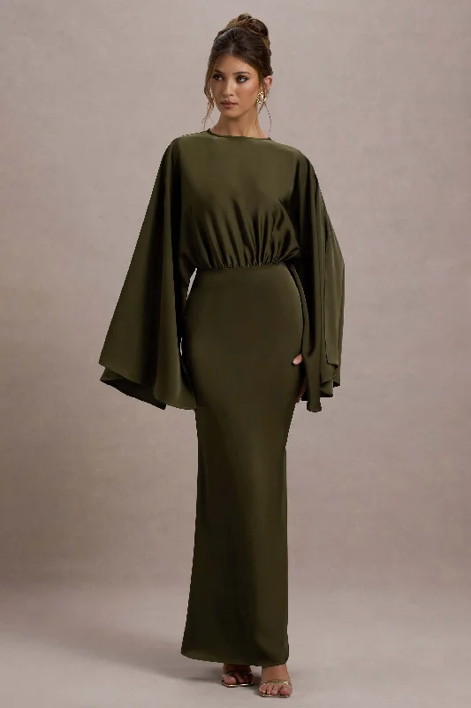 Score Big Savings Today!Zuzanna | Khaki Draped Maxi Dress With Cape Sleeves