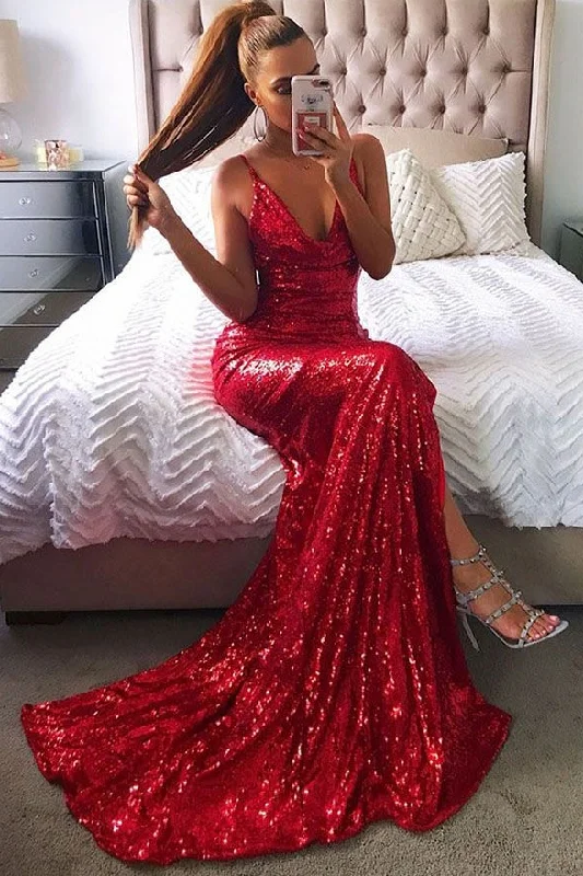 Unmissable Offers Await!2024 Long Red Sequins Prom Dress with Slit