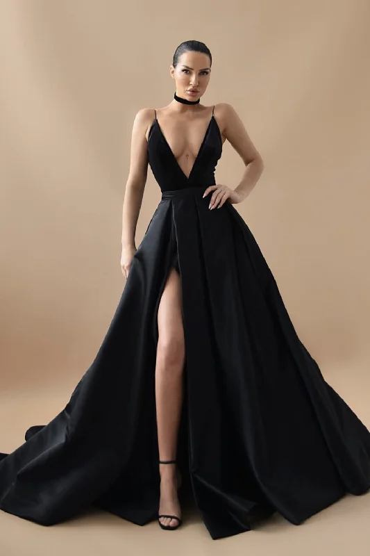 Price Drop Alert!A-line Black Satin Prom Dresses with Split