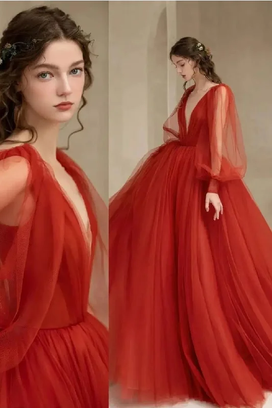 Your Favorite Sale is Back!A-line Tulle Red Evening Gown with Sheer Sleeves