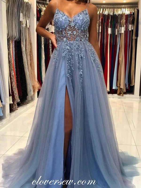 Save More When You Shop More!Beading V-neck Dusty Blue Tulle Side Slit Fashion Prom Dresses, CP0875 Save More When You Shop More!Beading V-neck Dusty Blue Tulle Side Slit Fashion Prom Dresses, CP0875