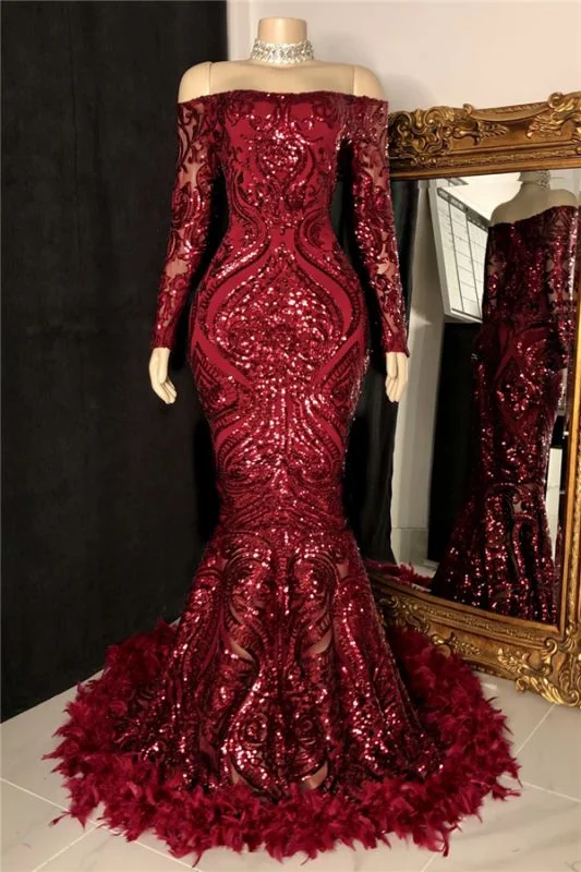 Time to Snag a Bargain!Off The Shoulder Burgundy Prom Dresses with Feather Long Sleeve Sparkle Lace Mermaid Evening Gowns cg24347 Time to Snag a Bargain!Off The Shoulder Burgundy Prom Dresses with Feather Long Sleeve Sparkle Lace Mermaid Evening Gowns cg24347