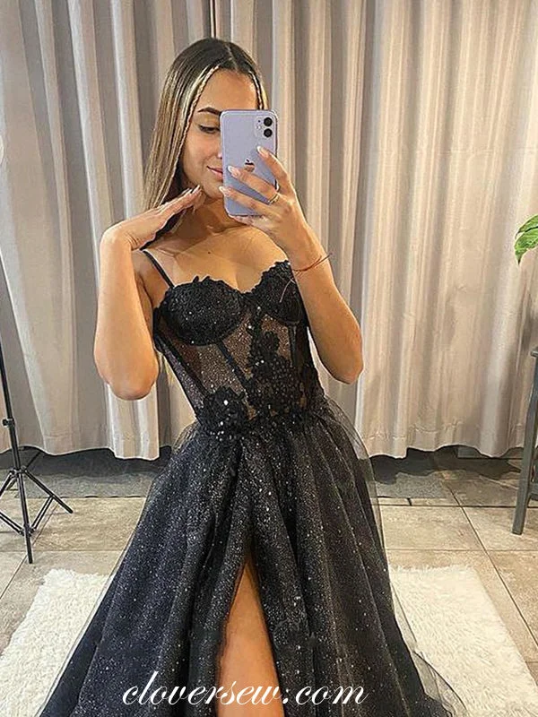 Act Fast – Limited Time Savings!Black Glitter Tulle Sweetheart A-line High Slit Prom Dresses, CP0900 Act Fast – Limited Time Savings!Black Glitter Tulle Sweetheart A-line High Slit Prom Dresses, CP0900