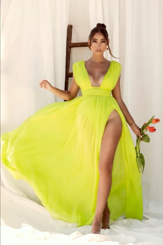 Grab Yours Before It’s Too Late!Chiffon Lemon Yellow Prom Dress with High Slit Side Grab Yours Before It’s Too Late!Chiffon Lemon Yellow Prom Dress with High Slit Side
