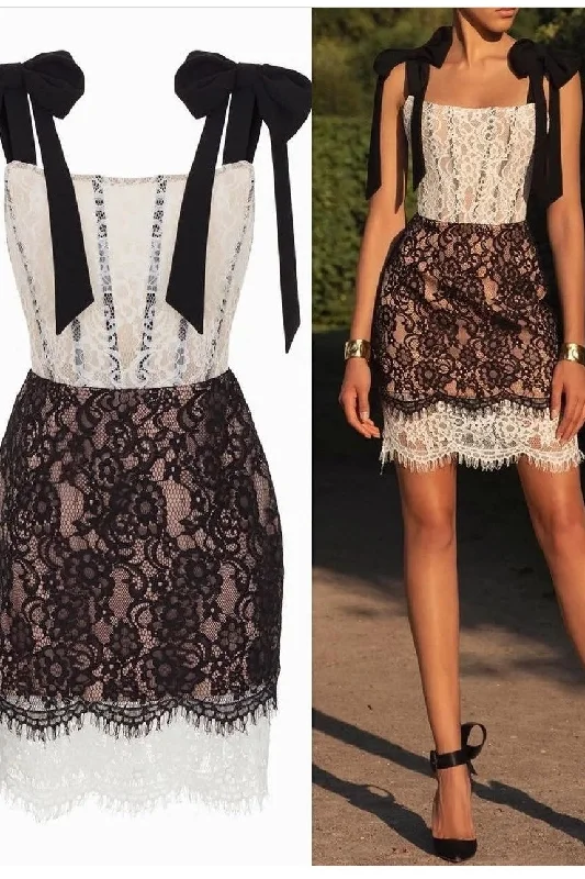 Enjoy Huge Discounts Now!Contrast Color Lace Cocktail Dress with Ribbon Straps