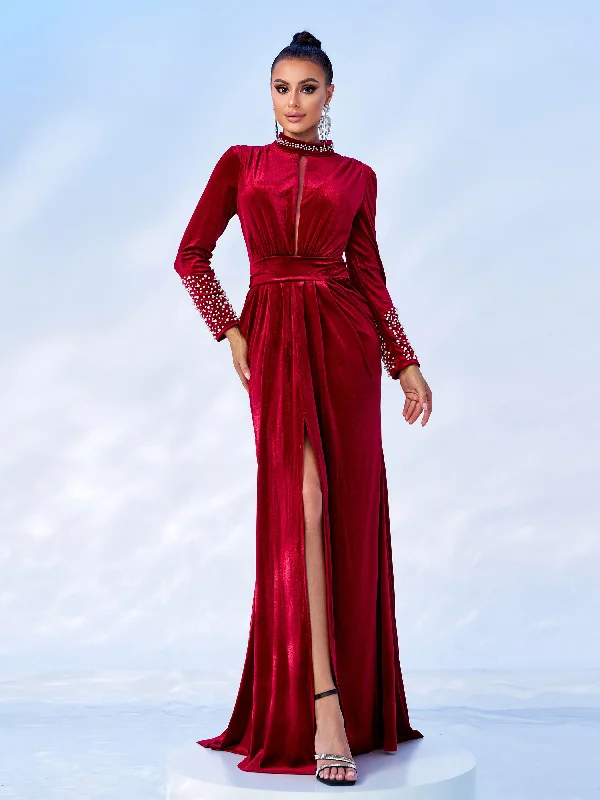 Must-Have Deals Inside!Cutout Beaded Long Sleeve Velvet Prom Dress RJ11975