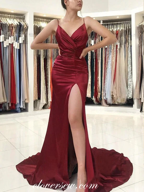 Buy More, Save More!Dark Red Pleating V-neck Mermaid Side Slit Fashion Formal Dresses, CP0876
