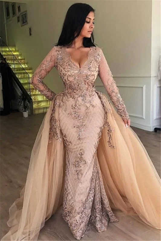 Everything Must Go!Elegant V-Neck Long Sleeves Tulle Evening Dresses | Sexy Mermaid Appliques Prom Dresses with Detachable Skirt cg23851 Everything Must Go!Elegant V-Neck Long Sleeves Tulle Evening Dresses | Sexy Mermaid Appliques Prom Dresses with Detachable Skirt cg23851