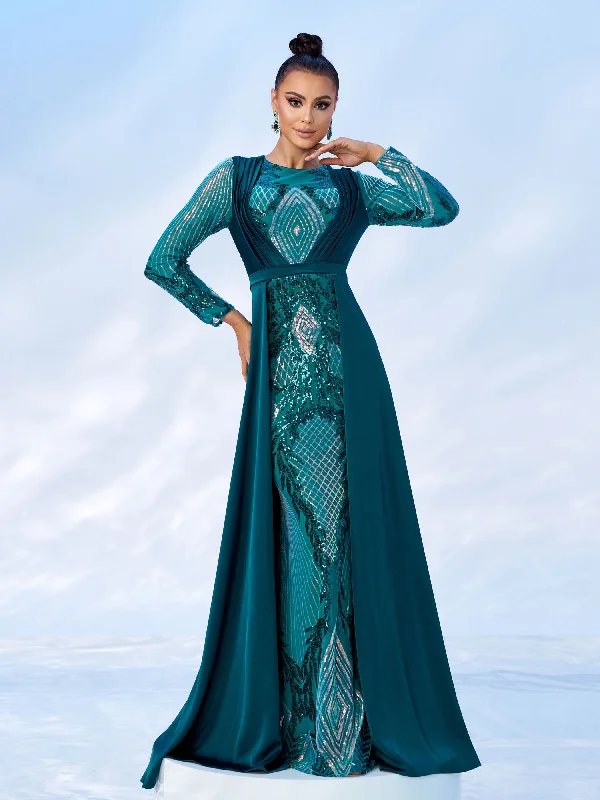 Upgrade for Less!Green Cape Geometric Sequin Dress MES00577
