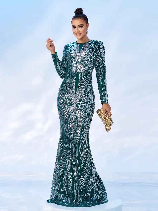 Huge Price Cuts Await!Green Geometric Sequin Long Sleeve Dress MES00629