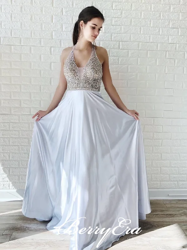 Buy More, Pay Less!Halter Beaded Top A-line White Satin Prom Dresses, Backless Long Prom Dresses, Newest Prom Dresses Buy More, Pay Less!Halter Beaded Top A-line White Satin Prom Dresses, Backless Long Prom Dresses, Newest Prom Dresses