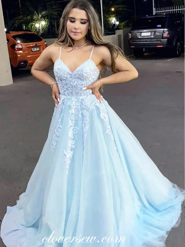 Score Big Savings Today!Light Blue Tulle Lace Applique V-neck Spagehtti Strap A-line Prom Dresses, CP0888