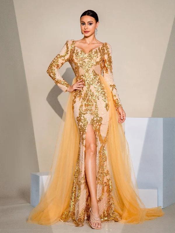Shop Early, Save Big!Long Sleeve Split Gold Sequin Dress MES00616