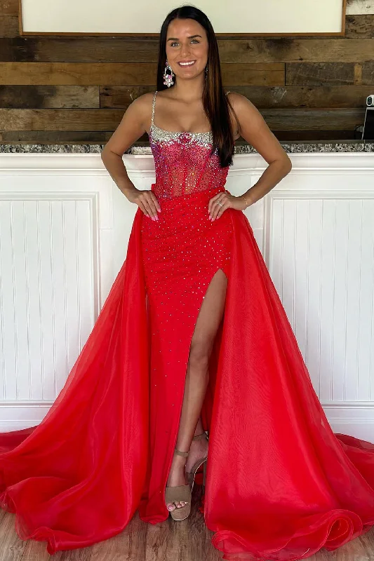 Hurry! While Supplies Last!Mermaid Beaded Red Prom Dress with Slit