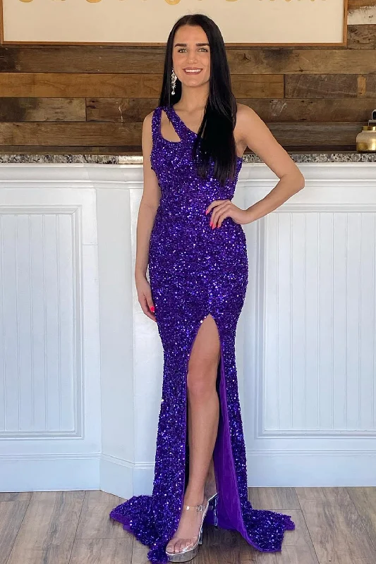Your Shopping Spree Starts Here!Mermaid One Shoulder Dark Purple Sequins Long Prom Dress