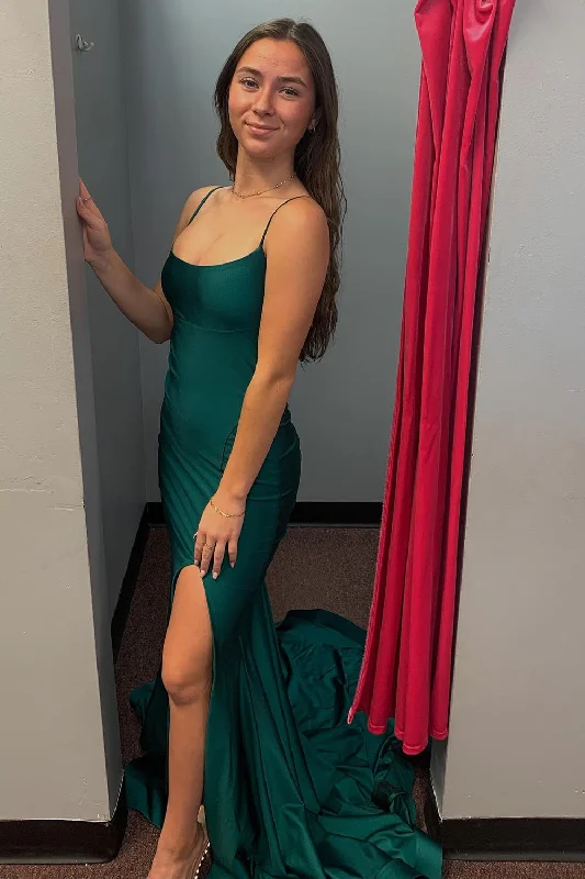 Crazy Discounts Inside!Mermaid Spaghetti Straps Dark Green Prom Dress with Slit