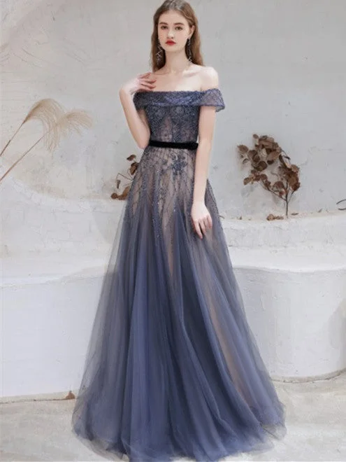 Don't Miss Out!Off Shoulder Dark Grey Tulle Beaded Prom Dresses, A-line Prom Dresses, 2021 Prom Dresses
