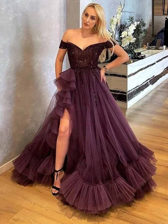 Amazing Prices You Can’t Resist!Off Shoulder Long A-line High Slit Prom Dresses, Tulle Beaded Prom Dresses, 2021 Prom Dresses Amazing Prices You Can’t Resist!Off Shoulder Long A-line High Slit Prom Dresses, Tulle Beaded Prom Dresses, 2021 Prom Dresses