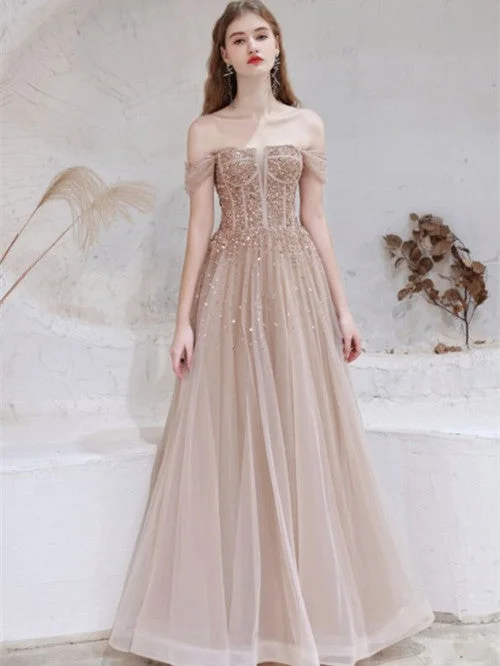 Incredible Savings Inside!Off Shoulder Long A-line Prom Dresses, Nude Champagne Sequin Tulle Prom Dresses, 2021 Prom Dresses Incredible Savings Inside!Off Shoulder Long A-line Prom Dresses, Nude Champagne Sequin Tulle Prom Dresses, 2021 Prom Dresses