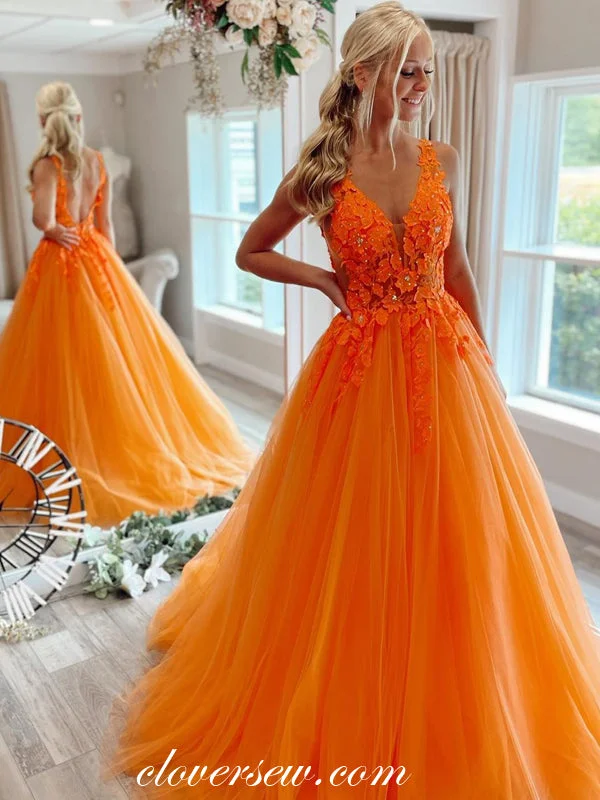 Shop Now and Save!Orange Applique Tulle V-neck Sleeveless Open Back Prom Dresses, CP0891 Shop Now and Save!Orange Applique Tulle V-neck Sleeveless Open Back Prom Dresses, CP0891