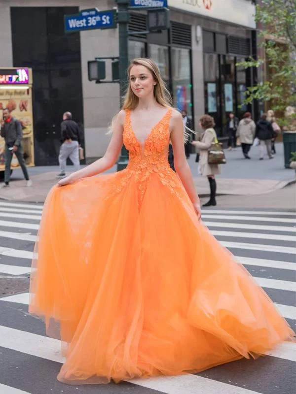 Score Big Savings Today!Orange Color V-neck 2021 Long Prom Dresses, A-line Lace Popular Evening Party Dresses Score Big Savings Today!Orange Color V-neck 2021 Long Prom Dresses, A-line Lace Popular Evening Party Dresses