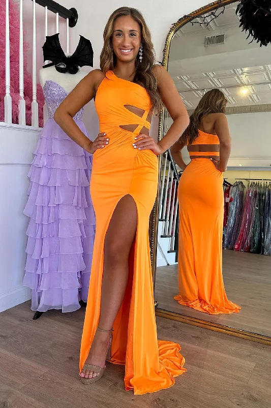 Save Money, Shop Happy!Orange Mermaid One Shoulder Long Prom Dress With Slit