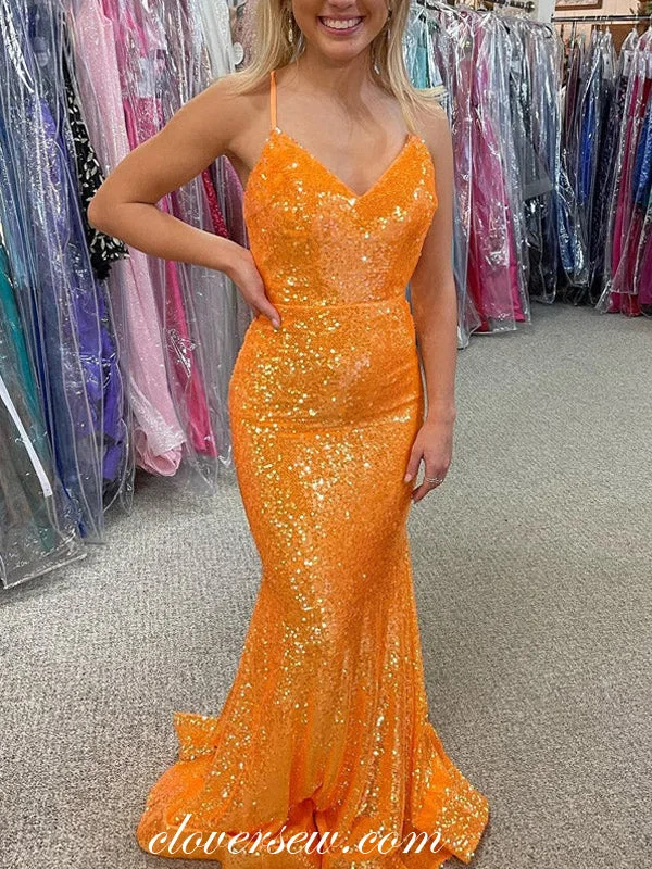 Act Fast – Limited Time Savings!Orange Sequin Spaghetti Strap Lace Up Back Mermaid Prom Dresses, CP0894 Act Fast – Limited Time Savings!Orange Sequin Spaghetti Strap Lace Up Back Mermaid Prom Dresses, CP0894