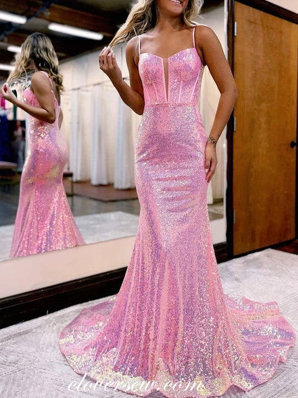 Shop Before It’s Gone!Pink Sequin Fashion Mermaid Sleeveless Shiny Prom Dresses, CP0898