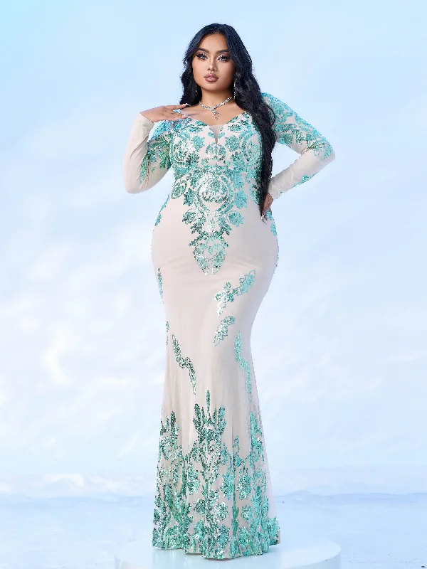 Time to Save Big!Plus Long Sleeve Floral Sequin Dress PM02326