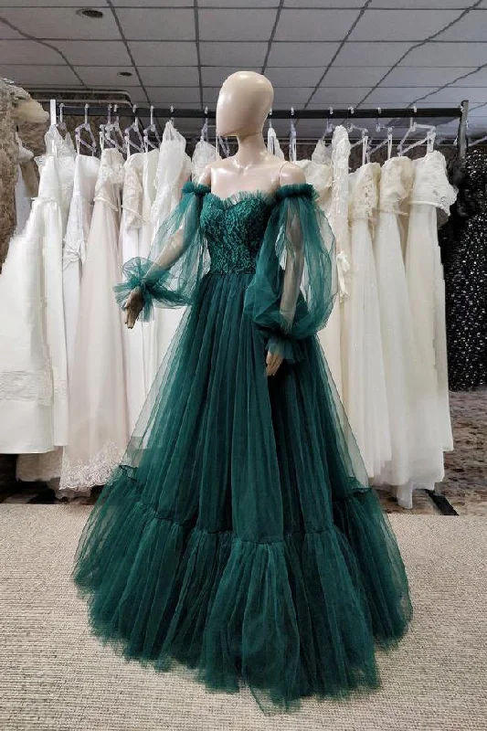Shop Early, Save Big!Pretty Green Lace Prom Dresses Puff Long Sleeves Off The Shoulder Lace Appliques Tulle Ball Gown cg24134 Shop Early, Save Big!Pretty Green Lace Prom Dresses Puff Long Sleeves Off The Shoulder Lace Appliques Tulle Ball Gown cg24134