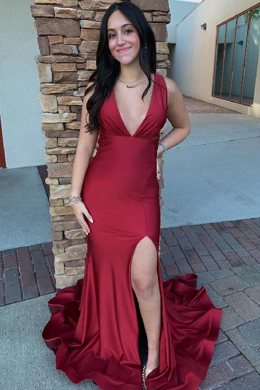 Unlock Huge Savings Now!Red Mermaid V-Neck Long Prom Dress With Slit