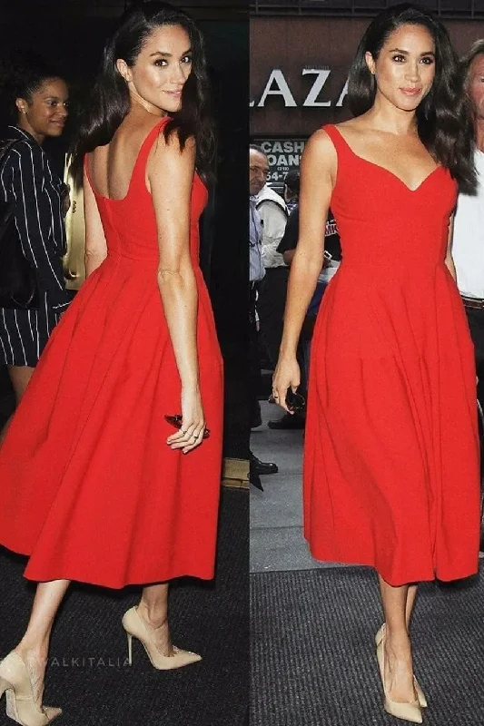 Hurry, Sale Ends Soon!Red Tea-Length Prom Gown with Shoulder Straps
