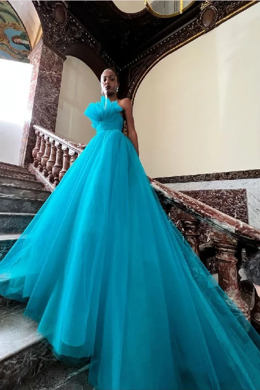 One Click Away from Big Savings!Ruffled Strapless Blue Prom Dresses Tulle Skirt